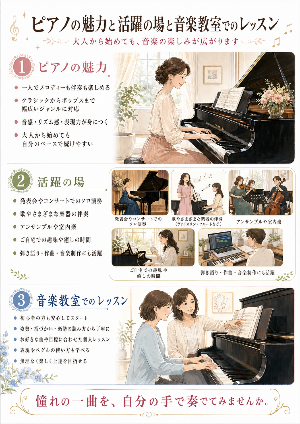 ピアノの魅力ピアノは鍵盤を押すだけで正しい音程が鳴るため初めての方でも音を出しやすい楽器ですその一方でメロディー和音リズムを一人で同時に演奏でき上達するほど表現の世界が大きく広がりますクラシックはもちろんポップス映画音楽ジャズ歌謡曲アニメゲーム音楽など幅広いジャンルを楽しめるのも魅力です好きな曲を自分の手で演奏できる喜びはピアノならではですまた左右の手を別々に動かし楽譜を読みながら演奏するため集中力やリズム感音感を養うことにもつながります子どもから大人まで年齢を問わず長く続けられる楽器ですピアノが活躍する場ピアノはソロ楽器であると同時に伴奏楽器でもあります発表会コンサートクラシックの名曲や好きな曲を一人で演奏できます声楽楽器の伴奏歌バイオリンフルートチェロなどさまざまな楽器を支えます室内楽アンサンブル他の演奏者と息を合わせて一緒に音楽を作る楽しさがありますバンドジャズピアノや電子ピアノキーボードとしてポップスやジャズでも活躍します家庭や趣味の時間自宅で好きな曲を弾いたり家族と歌ったり日常の中で気軽に音楽を楽しめます作曲音楽制作和音やメロディーを確認しやすいため作曲や編曲DTMなどでも重要な楽器です音楽教室でのピアノレッスン音楽教室では一人ひとりの目的や経験に合わせてレッスンを進めます初心者の方には鍵盤の位置姿勢指の使い方楽譜の読み方など基礎から丁寧に指導します楽譜が読めないピアノを触るのが初めてという方でも始められます経験者の方にはより美しい音の出し方ペダルの使い方表現方法楽曲分析などを学びながら演奏をさらに深めていきますクラシックだけでなくこの曲を弾いてみたいという希望を目標にしたレッスンもピアノを長く楽しむためには大切です子どもは音楽の基礎を身につけながら成長し大人は趣味として自分のペースで楽しむことができますピアノは一人で楽しむことも誰かと一緒に音楽を楽しむこともできる楽器です憧れていた曲を自分の手で奏でるところから始めてみませんか